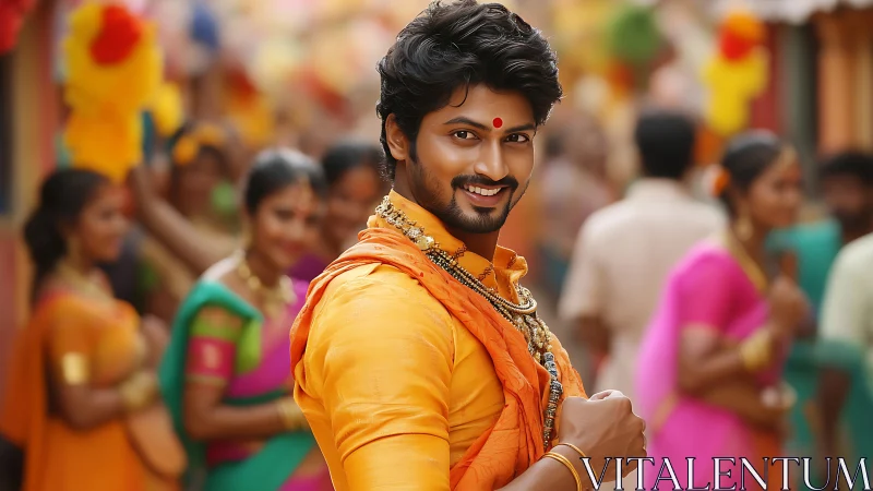 Smiling man in orange attire stands sharply focused at festival