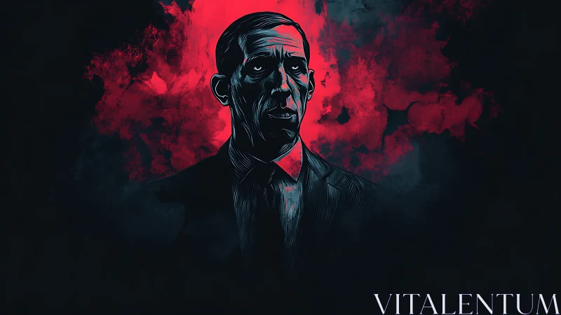 Eerie suited figure outlined by vivid red drifting mist.