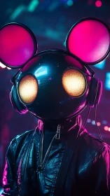 Neon mouse-helmet DJ in glossy leather under club lights.
