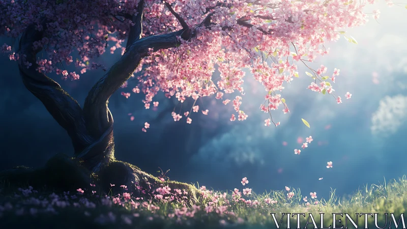 Dreamlike cherry blossom tree glows in soft morning light.