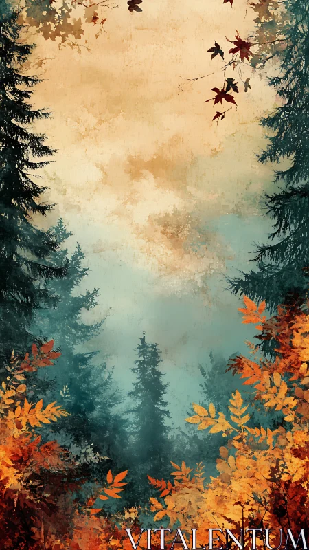 Stratified Forest Atmosphere: Coniferous Woodland with Autumn Foliage Layers.
