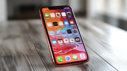 Red iPhone in Focus Against Wooden Surface.
