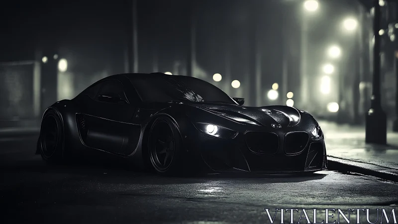 Low-slung black sports coupe on wet urban street at night.