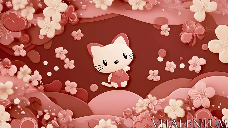 Adorable cat character surrounded by delicate pink flowers and layered landscape