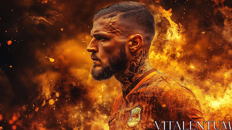 Tattooed footballer in orange kit enveloped by blazing flames
