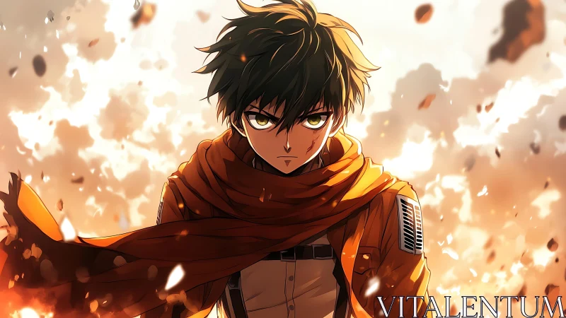 Dynamic anime warrior in orange scarf amid explosive particle field