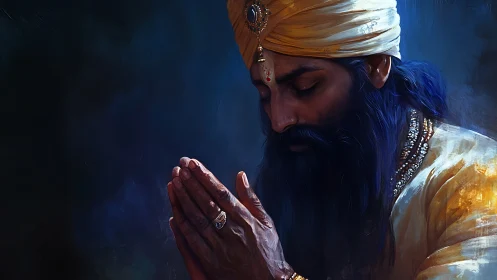 Digital painting of praying turbaned man in dramatic chiaroscuro.