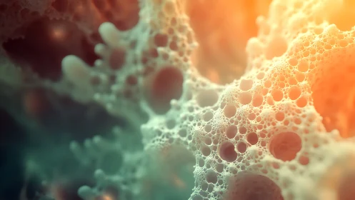 Macro foam structure shows translucent bubbles in warm light