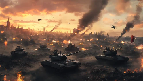 Modern battle tanks advance through burning cityscape.