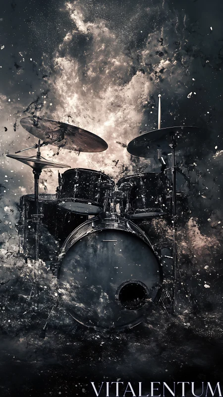 Drum kit silhouette amid abstract smoke and particle field.