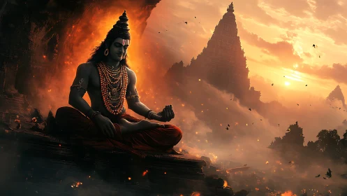 Divine yogi meditates before blazing temple sunrise