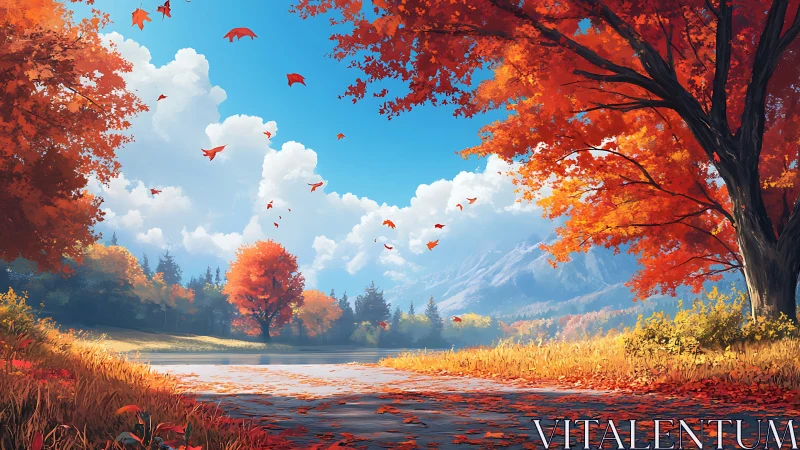 Autumn lake landscape under vivid red maple canopy.