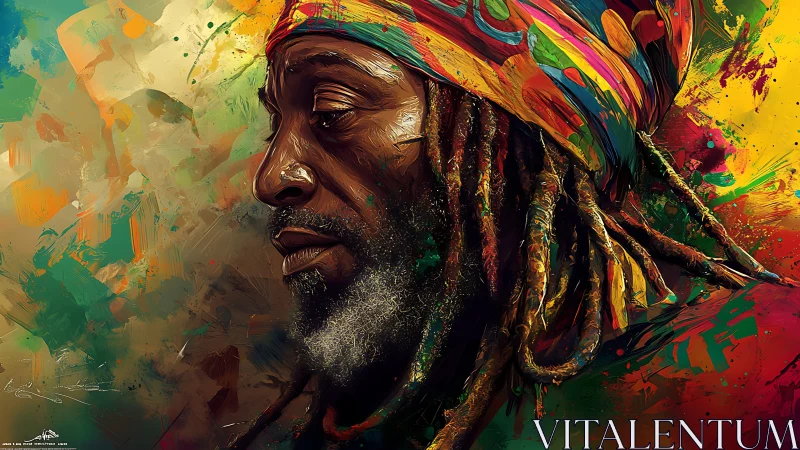 Portrait of quiet strength wrapped in bold reggae color.