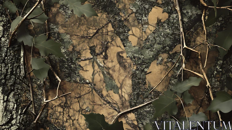 Tree bark texture with branches and camouflaged pattern surface.