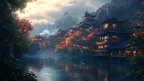 Mountain temple village glows over misty river at dusk