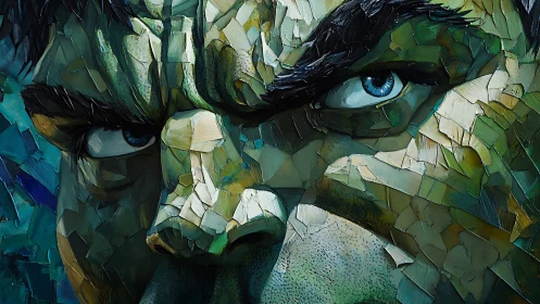 Shard-eyed green titan sculpted from fierce mosaic strokes.