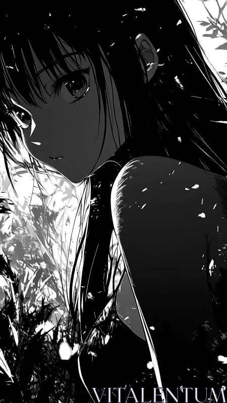 Shadowlit anime girl in high-contrast monochrome forest study.