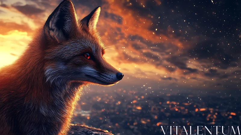 Majestic fox watches glowing city beneath fiery dusk sky.