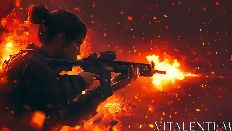 Soldier in Battle: Combat Scene with Intense Flame Effects.