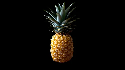 Whole ripe pineapple against uniform black background.