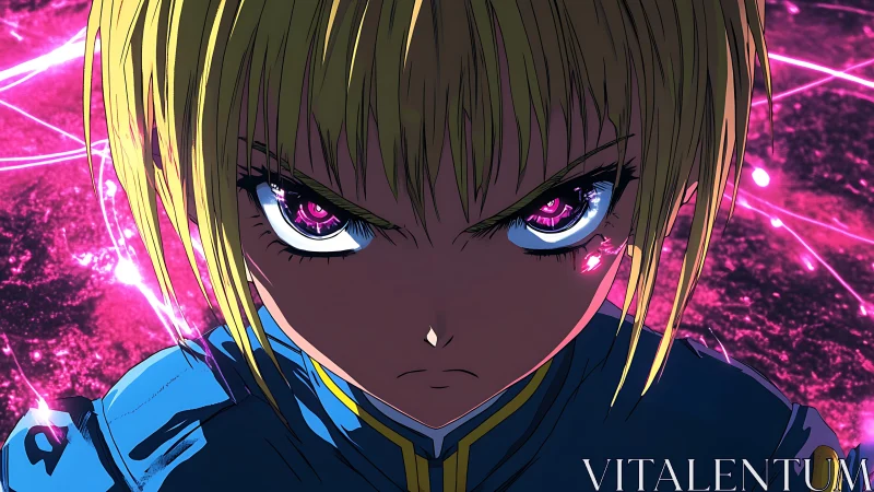 Fierce anime warrior locks eyes with glowing pink energy