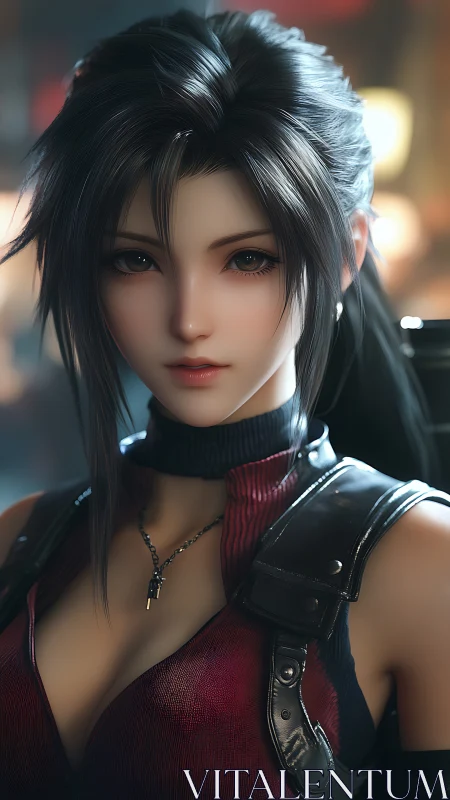 Stoic cyber heroine in crimson tactical leather portrait.