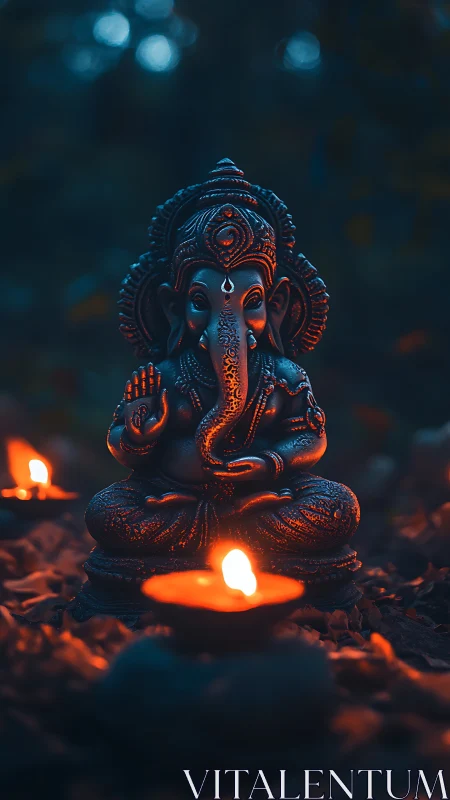 Ganesha idol glows in moody candlelit forest ambience.