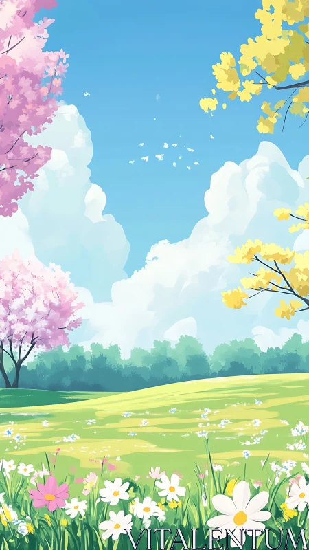 Bright spring meadow with flowers and blossoming trees.