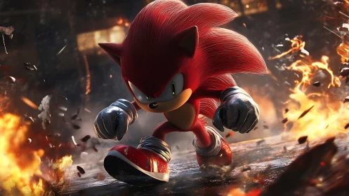 Red hedgehog hero charges through explosive urban chaos