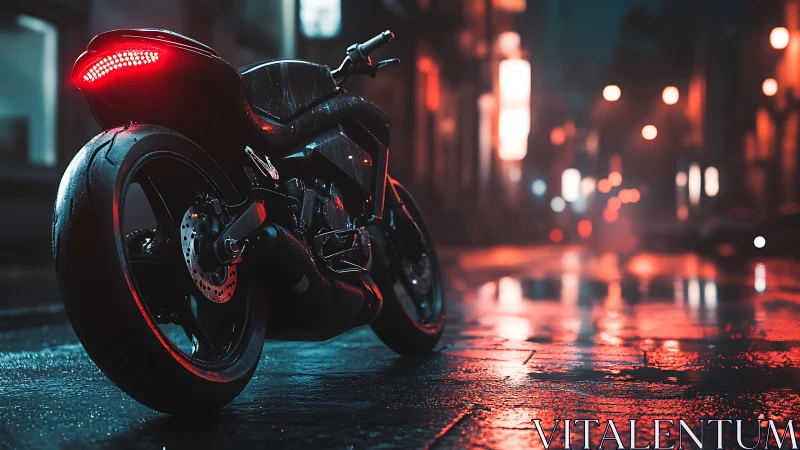 High-performance sport bike on wet neon-lit urban street at night