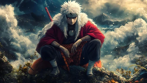 Mountain-front shinobi portrait in atmospheric anime tableau.