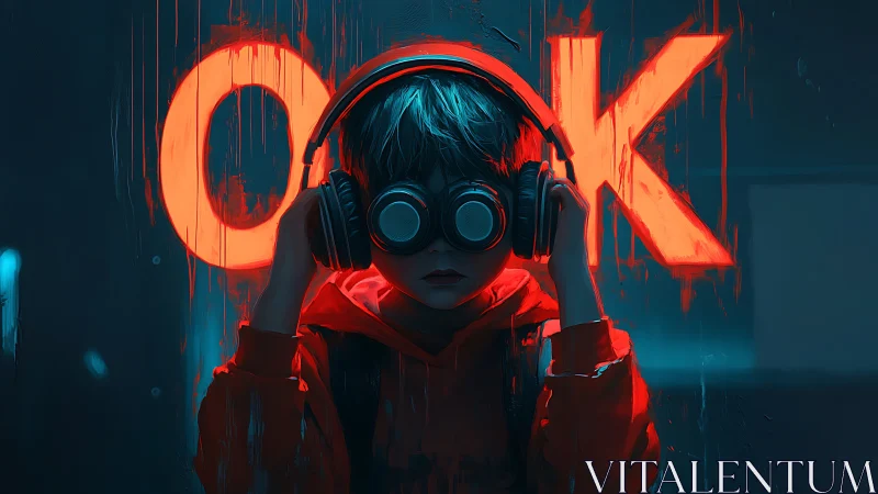 Neon drenched youth with goggle headphones under OK sign.