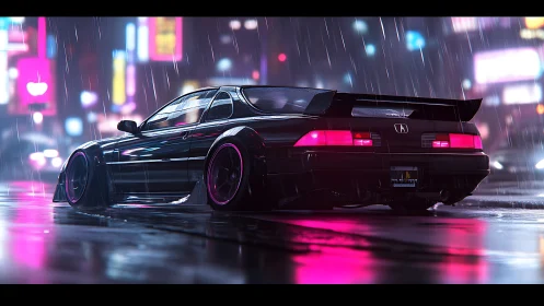 Midnight street racer gliding through neon city rain.