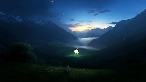 Glowing tech logo over twilight alpine valley landscape.