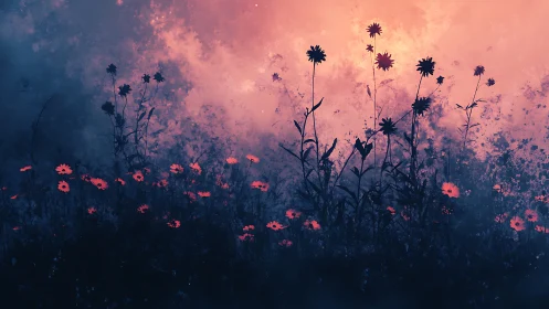 Silhouetted Wildflowers Against Incandescent Twilight Atmospheric Gradient.