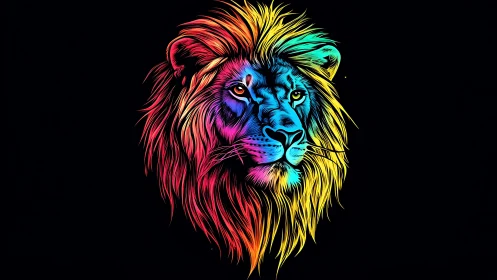 Neon lion portrait with vibrant multicolor flowing mane.