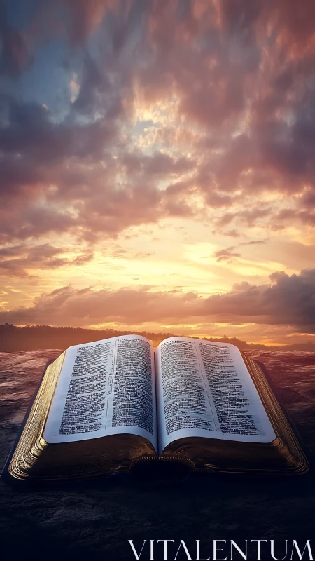 Radiant holy book opens beneath a blazing painted sunrise.