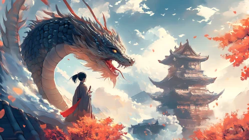 Dragon sentinel beside shrine tower in autumn clouds.