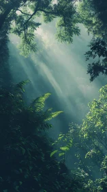 Mystical Forest Light Beams Through Lush Canopy.