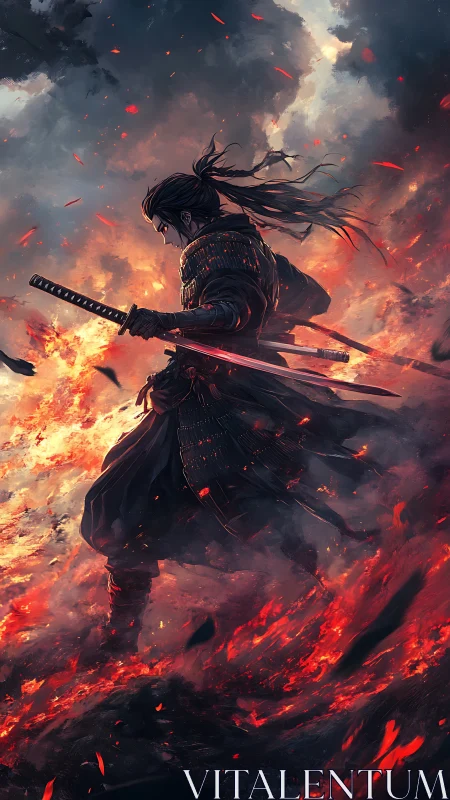 Armored samurai warrior in volcanic battlefield with burning embers