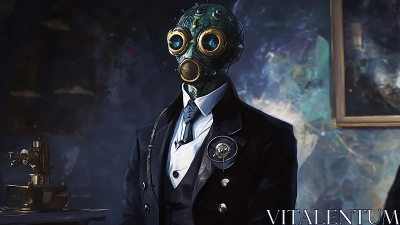 Steampunk scientist figure in formal suit and gas mask.