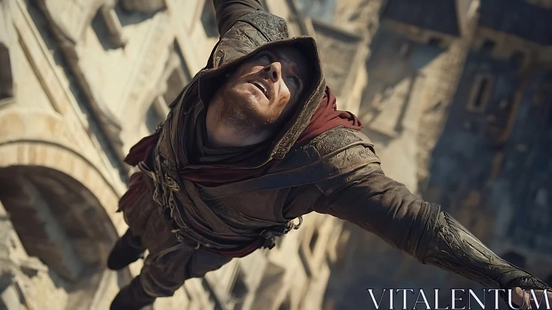 Hooded freerunner dives past stone facades in warm daylight.