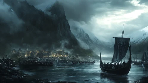 Viking longships approach fjord settlement under storm-laden sky