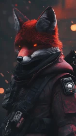 Anthropomorphic fox operative in tactical red armor suit.