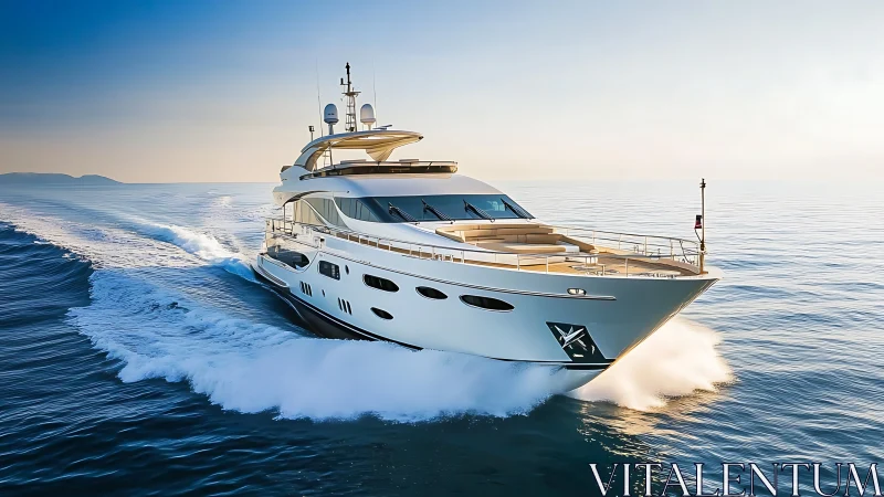 Luxury motor yacht cuts across calm open sea at sunrise