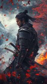 Lone samurai warrior in burning red autumn stormscape.