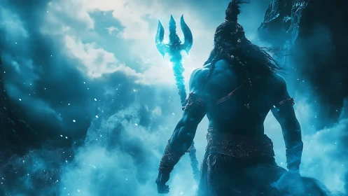 Stormforged trident bearer ascends through mythic blue mists.