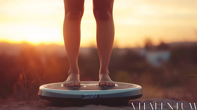 Barefoot balance on circular vibration platform at sunset.