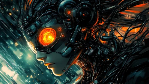 Luminous cyborg dreamer wired into a neon city night.