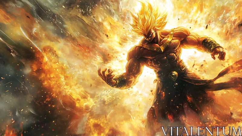 Explosive anime warrior in golden inferno, dynamic composition.